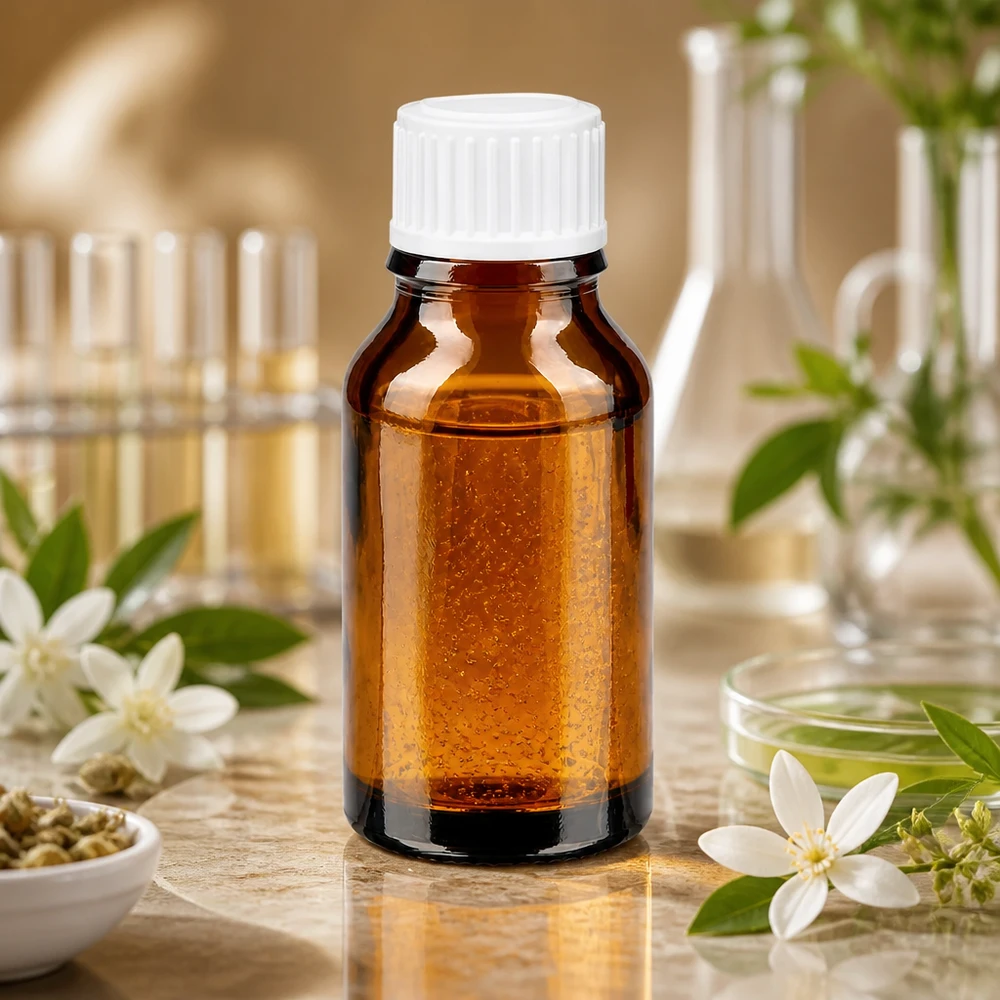 Apothekenflasche aus UV-Schutzglas 15ml mit weißem Verschluss neben Petrischale und Pflanzendekoration