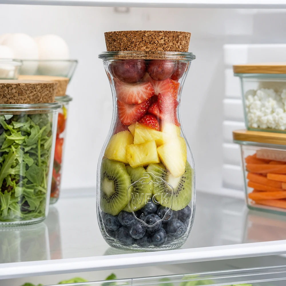WECK Saftflasche 290ml RR60 mit Früchte-Mix Blaubeeren Kiwi Ananas Erdbeeren im Kühlschrank Meal Prep