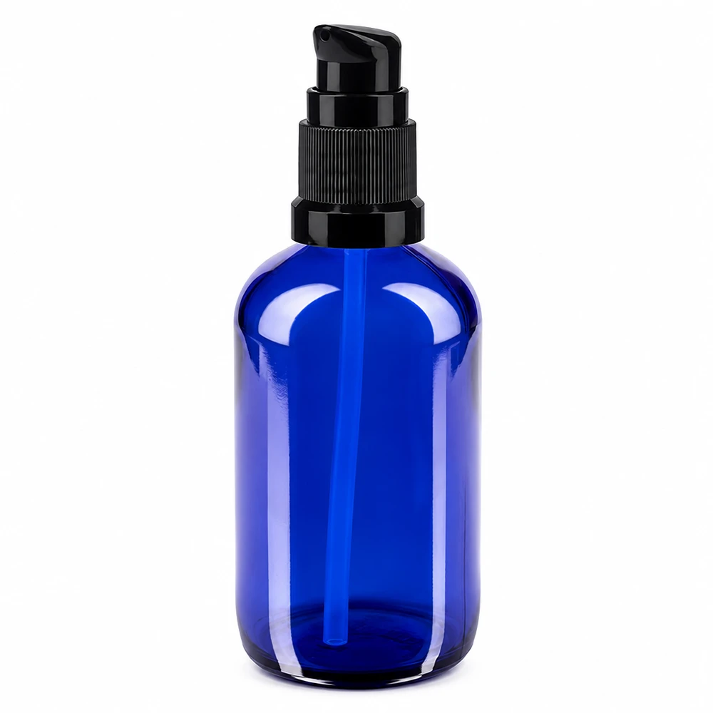 Zylindrische blaue Apothekerglasflasche 100ml mit schwarzem Lotion-Pumpkopf