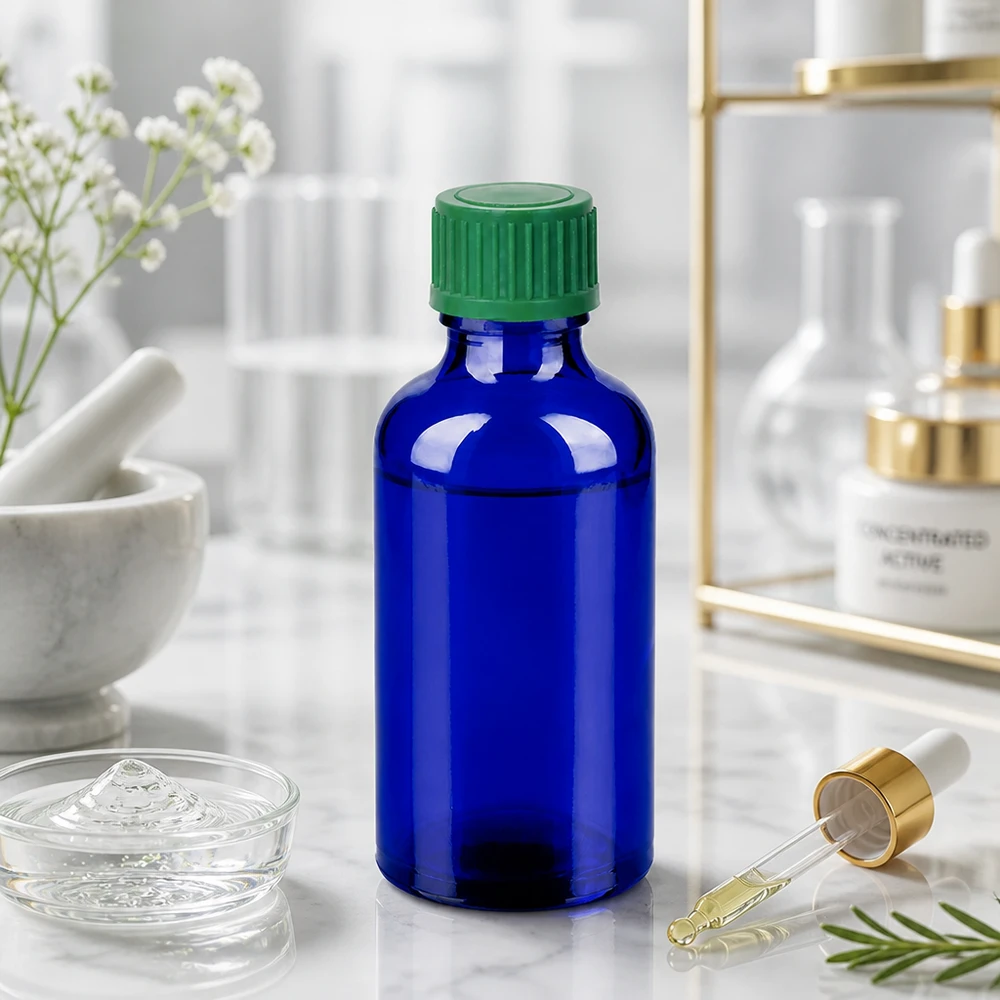 50ml Tropfflasche 0.8mm grün Standardverschluss BlueLine UT18/50 Mundgeblasene Glasflasche 50ml mit ergonomischem Design für einfache Handhabung und Dosierung