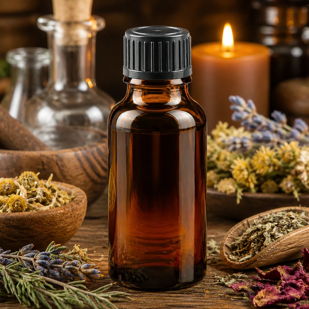 Handliche 20ml Braunglasflasche mit kindersicherem schwarzen Verschluss für Heilpflanzenextrakte