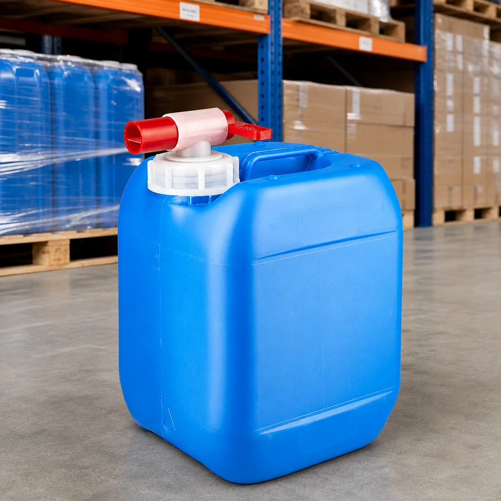 Stapelbarer blauer Industriekanister 5 Liter mit Sicherheitshahn vor Lagerregalen