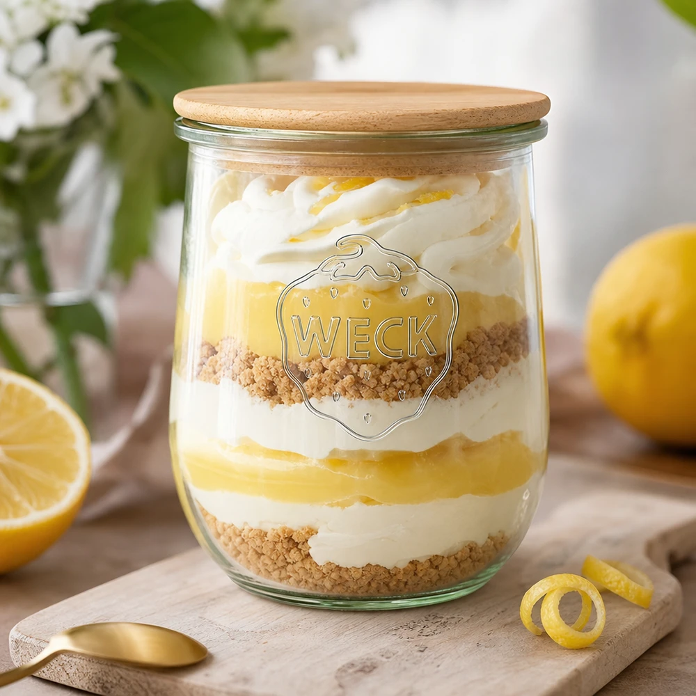 1062ml Tulpenglas WECK RR100 mit Holzdeckel WECK RR100 Tulpenglas 1062ml mit Holzdeckel als Dessertglas mit Zitronencreme und Streuseln dekorativ arrangiert