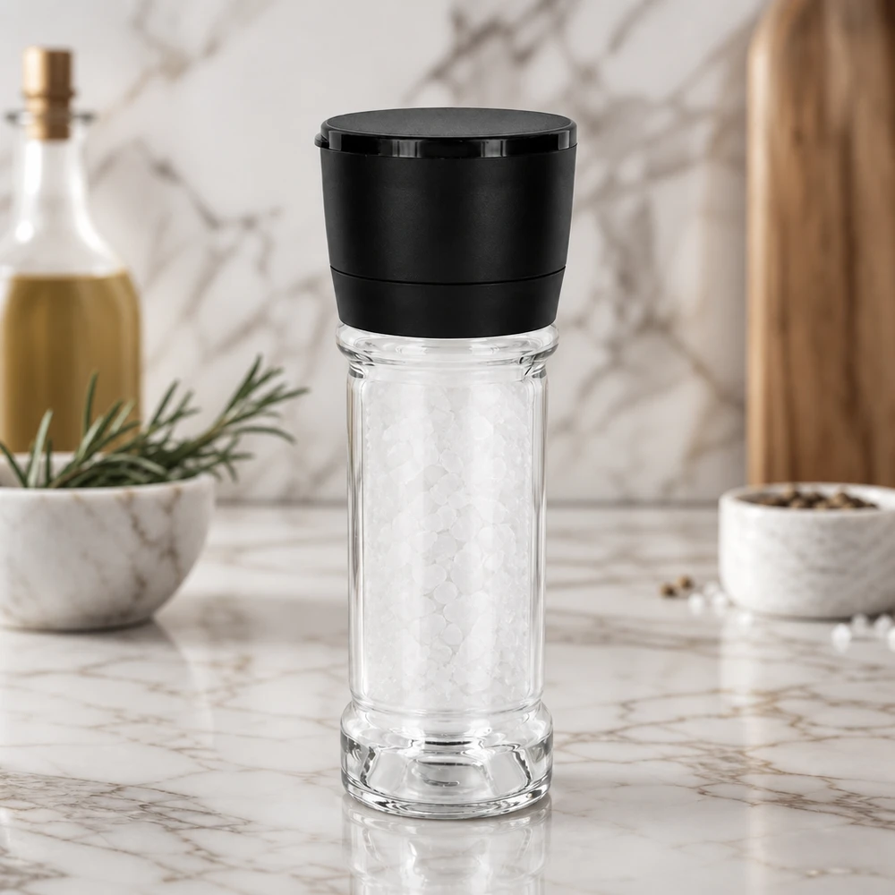 Gewürzmühle 100ml Vario schwarz mit Glaskorpus und weißem Meersalz für die moderne Küche