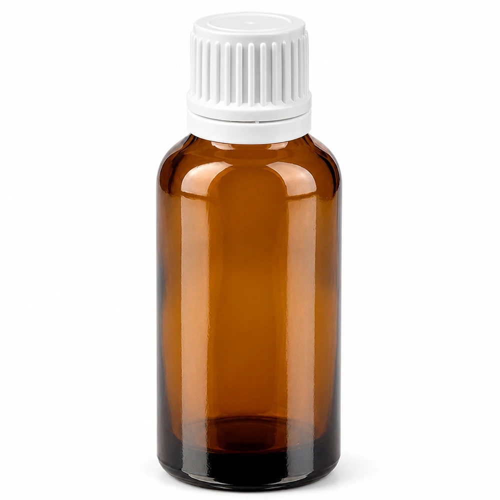 Braune 30ml Glasflasche mit weißem Schraubdeckel - ideal für lichtempfindliche Substanzen