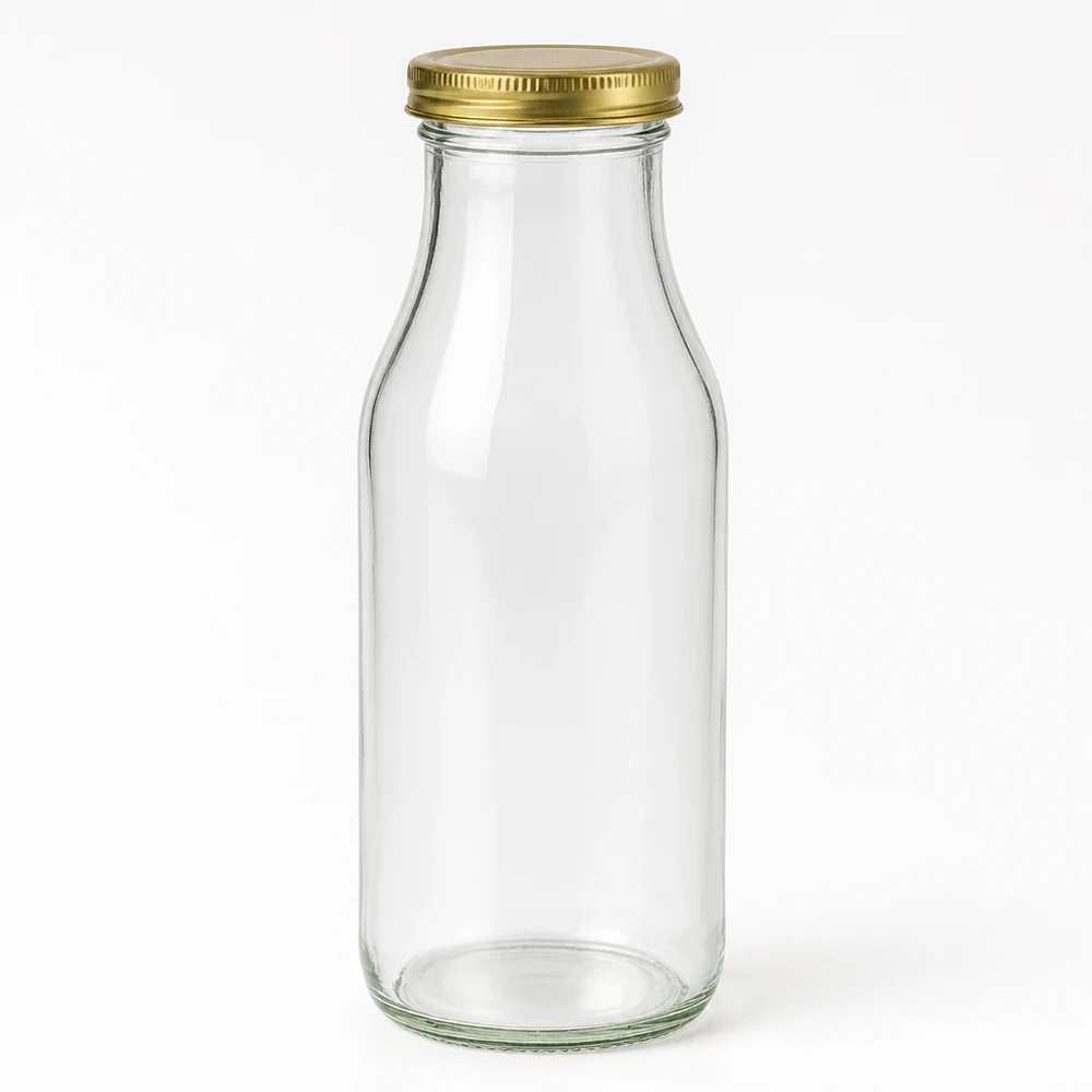 263ml Flasche mit BioSeal Deckel gold UNiTWIST Leere Glasflasche UNiTWIST Bottle263 mit goldenem Schraubdeckel TO43 BioSeal vor weißem Hintergrund