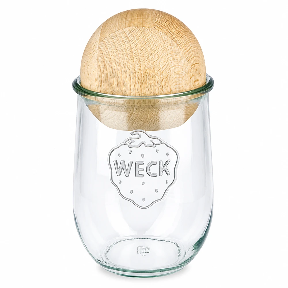 1062ml Tulpenglas WECK RR100 mit Holzkugel Buche WECK Tulpenglas 1062ml RR100 mit Buchenkugel Holzdeckel Einmachglas Vorratsglas aus recyceltem Glas