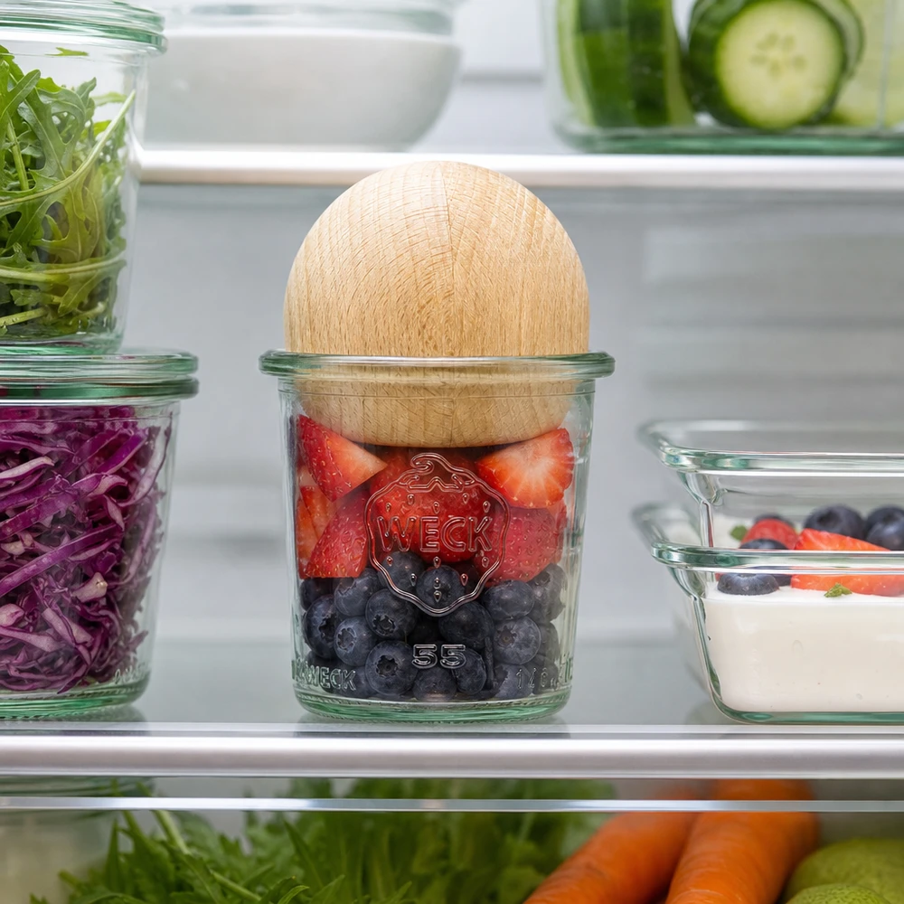 140ml Sturzglas WECK RR60 mit Holzkugel Buche WECK Glas 140ml RR60 im Kühlschrank mit Beeren gefüllt, Holzkugel-Deckel aus Buche zwischen frischen Lebensmitteln