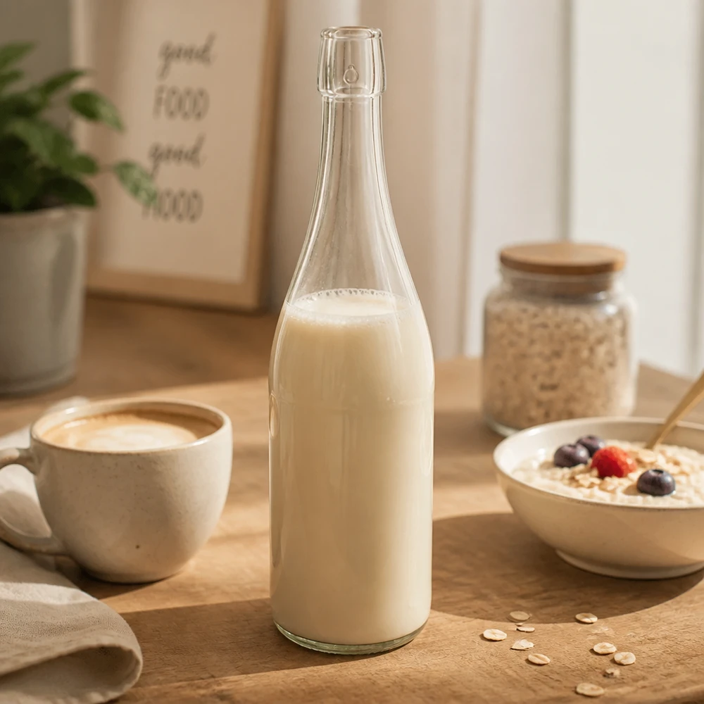 750ml UNiTWIST Glasflasche mit Hafermilch befüllt neben Kaffeetasse Müslischale Frühstückstisch Lifestyle Szene