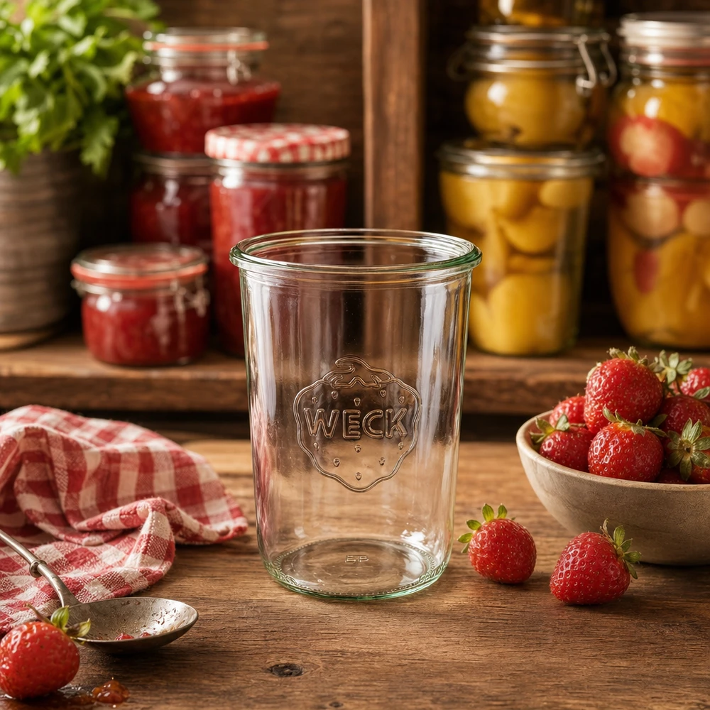 850ml Sturzglas WECK RR100 850ml WECK Sturzglas RR100 Einmachglas transparent mit Logo auf Holztisch neben frischen Erdbeeren und Marmeladengläsern
