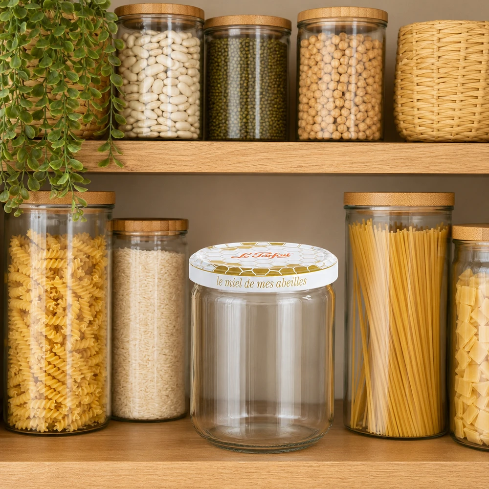 212ml Vorratsglas "Honey" mit Schraubdeckel Le Parfait® Leeres 212ml Le Parfait Honey Vorratsglas zwischen gefüllten Vorratsdosen in organisierter Küchenregal-Aufbewahrung