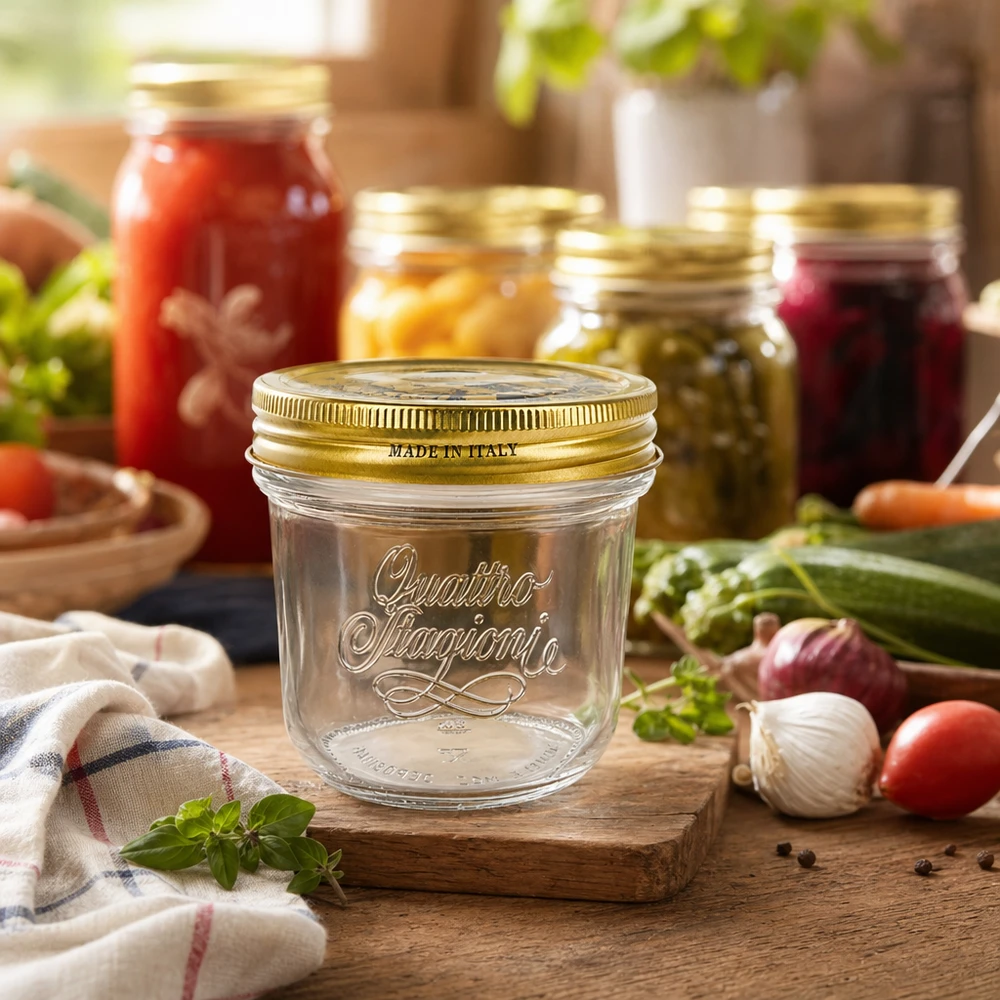 Quattro Stagioni 200ml Sturzglas mit goldenem Deckel auf Holzbrett umgeben von Einmachgläsern und frischem Gemüse