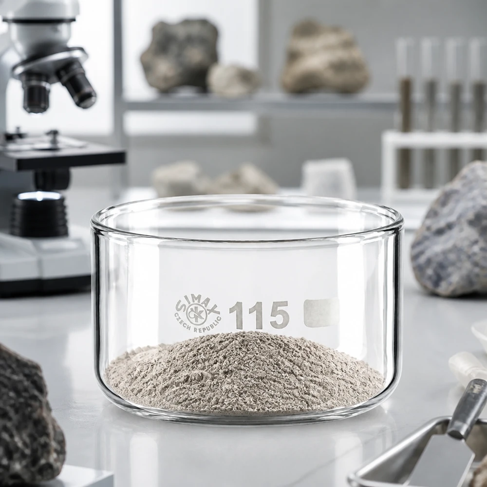 500ml Kristallisierschale ohne Ausguss Borosilikat ø115mm Flache Glasschale 115mm mit aufgehäuftem grauem Pulver zur mineralogischen Analyse