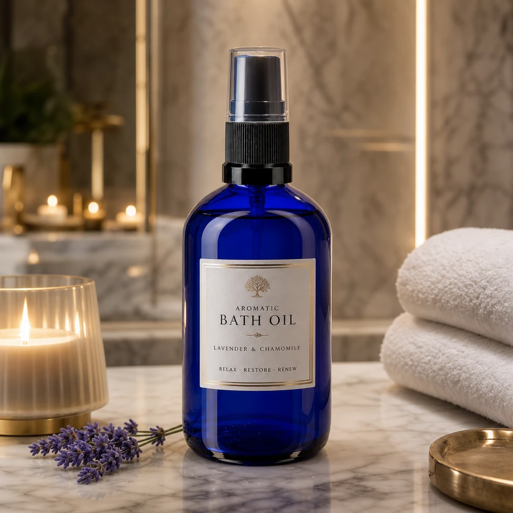 Blaue 100ml Sprühflasche aus Apothekerglas mit transparenter Schutzkappe und Kerzenambiente