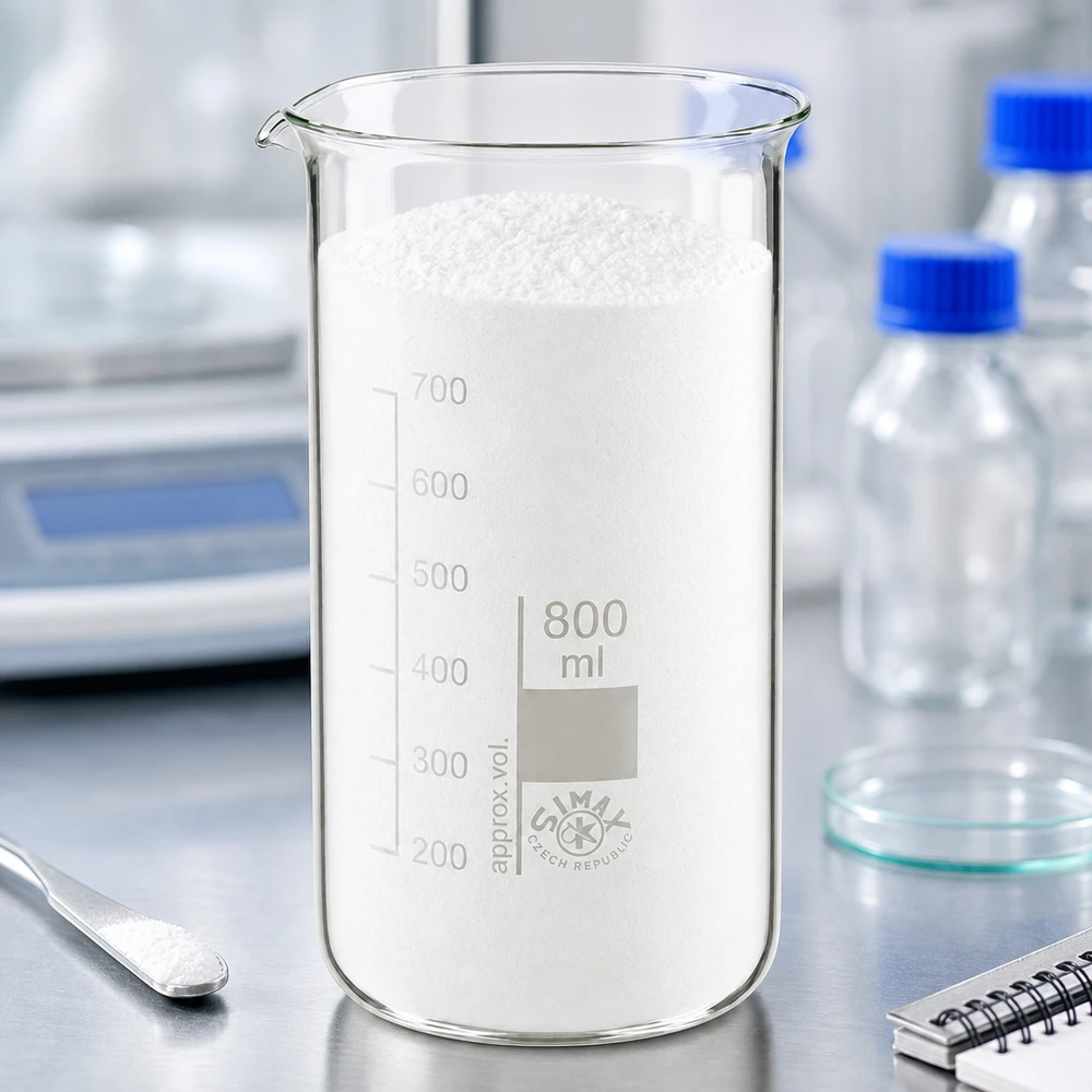 Becherglas 800ml Borosilikatglas, hohe Form Becherglas 800ml hohe Form aus klarem Borosilikatglas mit weißem Laborpulver befüllt