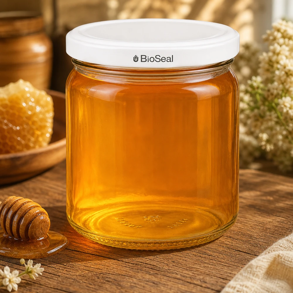 UNiTWIST Runda408 mit goldenem Honig gefüllt - traditionelle Honiglagerung im Glasgefäß mit weißem TO82 BioSeal