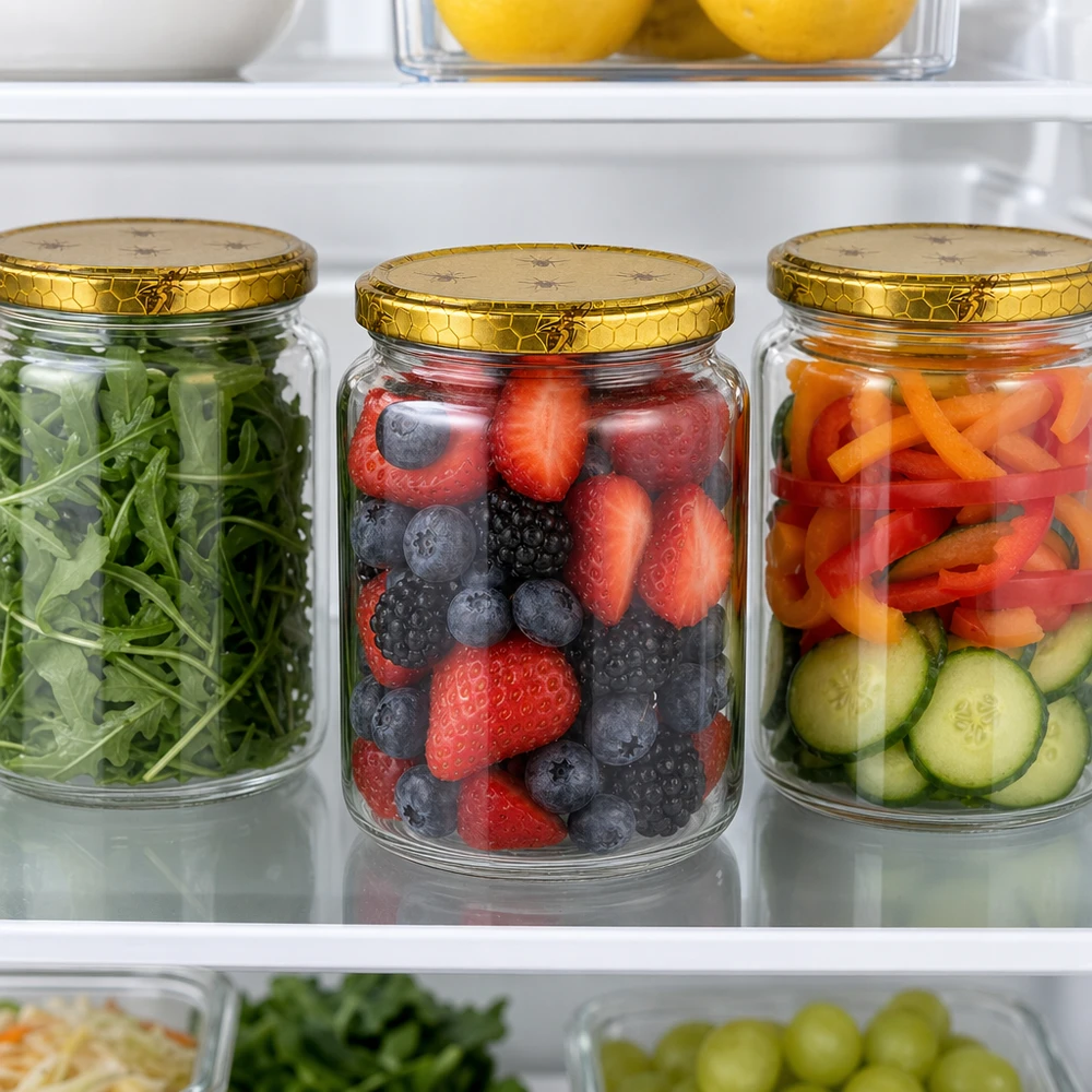 1000g Honigglas mit Bienenwabe Deckel BasicSeal UNiTWIST 1000g Honigglas mit goldenem Bienenwaben-Deckel im Kühlschrank zwischen Obst und Gemüse Vorratshaltung Imkerei