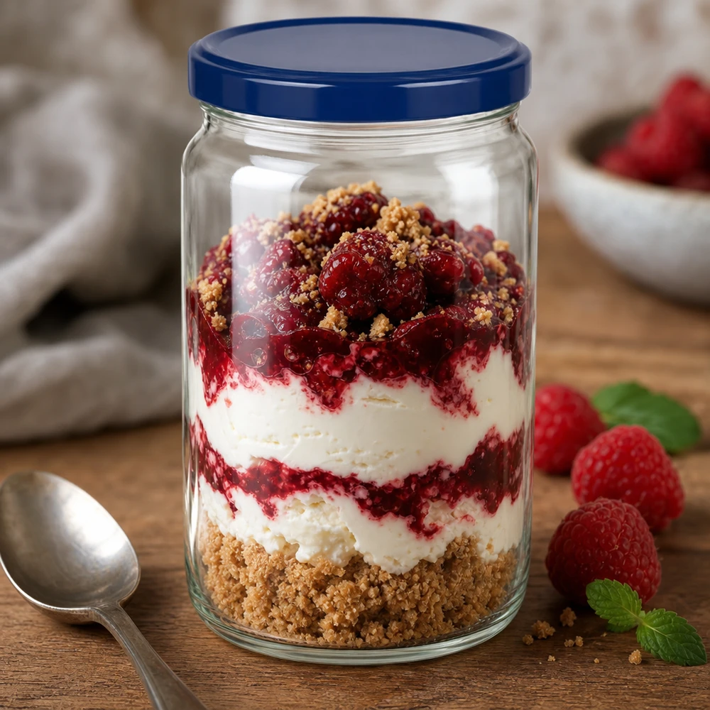 795ml Rundglas + BasicSeal Deckel blau UNiTWIST 795ml Rundglas mit blauem UNiTWIST Deckel gefüllt mit Schichtdessert aus Beeren Creme und Kekskrümeln auf Holztisch