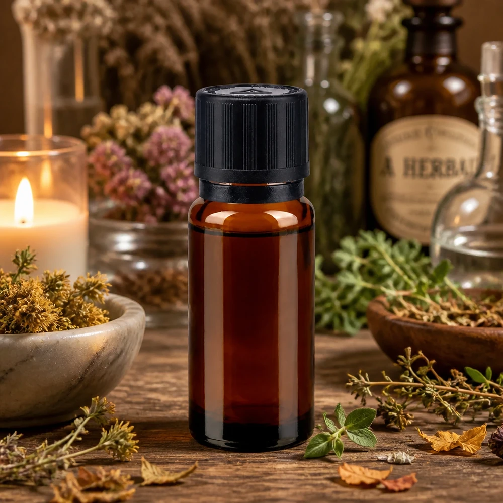 Apothekenflasche braun 10ml Tropfer Giessring 1mm schwarz Kindersicherung Blindenwarnsymbol Originalitätsverschluss Aromatherapie Tropfflasche 10ml Braunglas mit OV und KiSi in natürlicher Kräuterumgebung