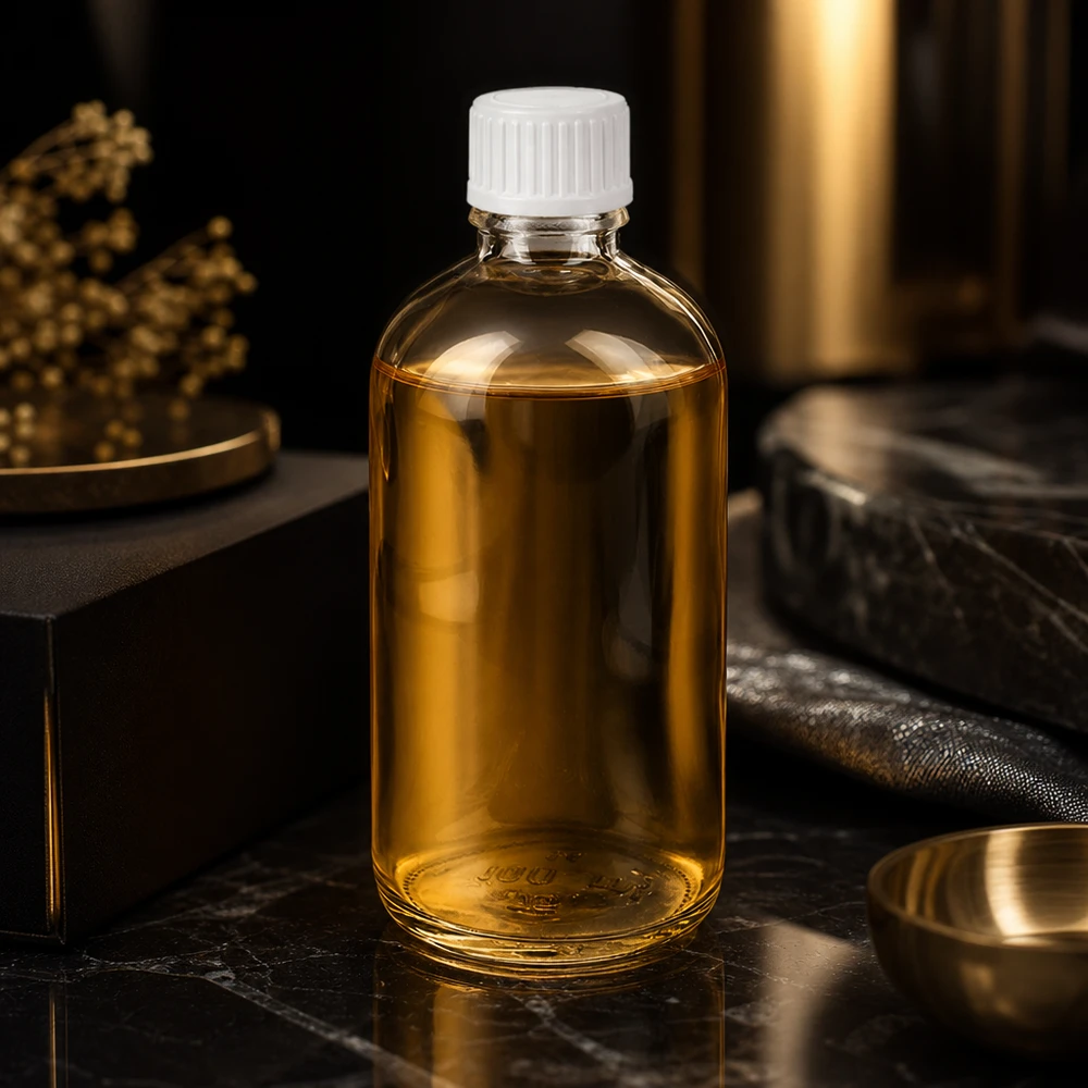 Hochwertiges Produktbild 100ml Tropfflasche ClearLine UT18 weißer STD Verschluss Marmorunterlage Gold