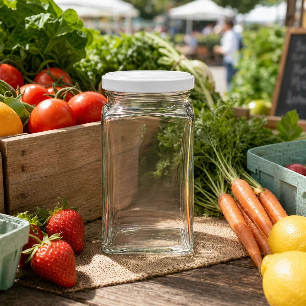 260ml Tetraglas mit BasicSeal Deckel weiß UNiTWIST 260ml Tetraglas BasicSeal weiß auf Holztisch umgeben von frischem Gemüse und Obst auf Wochenmarkt Atmosphäre
