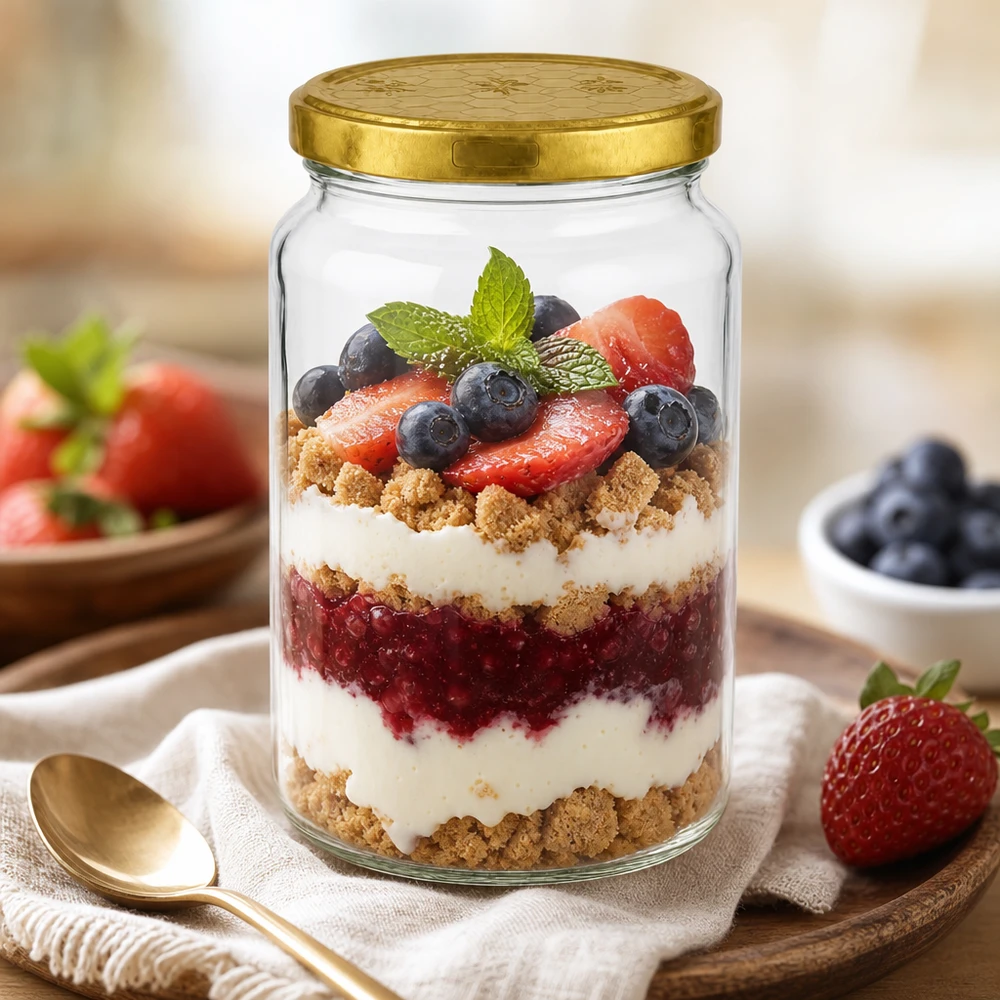 795ml Rundglas + BasicSeal Deckel Bienenwabe UNiTWIST 795ml Rundglas mit goldenem Deckel als Dessertglas für Beerentrifle mit Joghurt und Streuseln