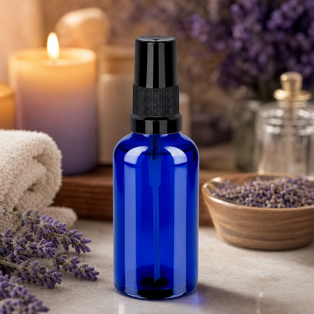 Stilvolle blaue Glasflasche 50ml mit mattschwarzem Sprühkopf für DIY-Kosmetik und Pflegeprodukte