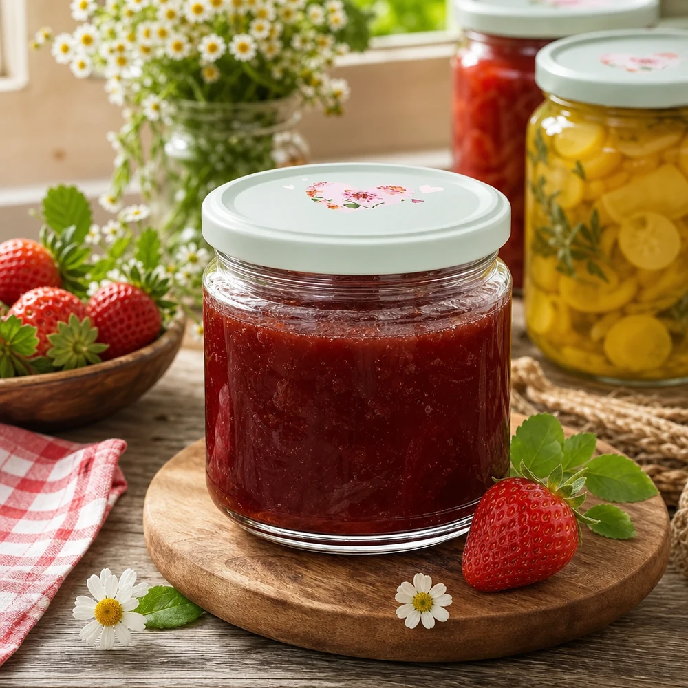 330ml Rundglas Erdbeermarmelade BasicSeal Deckel Herzmotiv mint Marmeladenglas Einkochen Küche Holzbrett