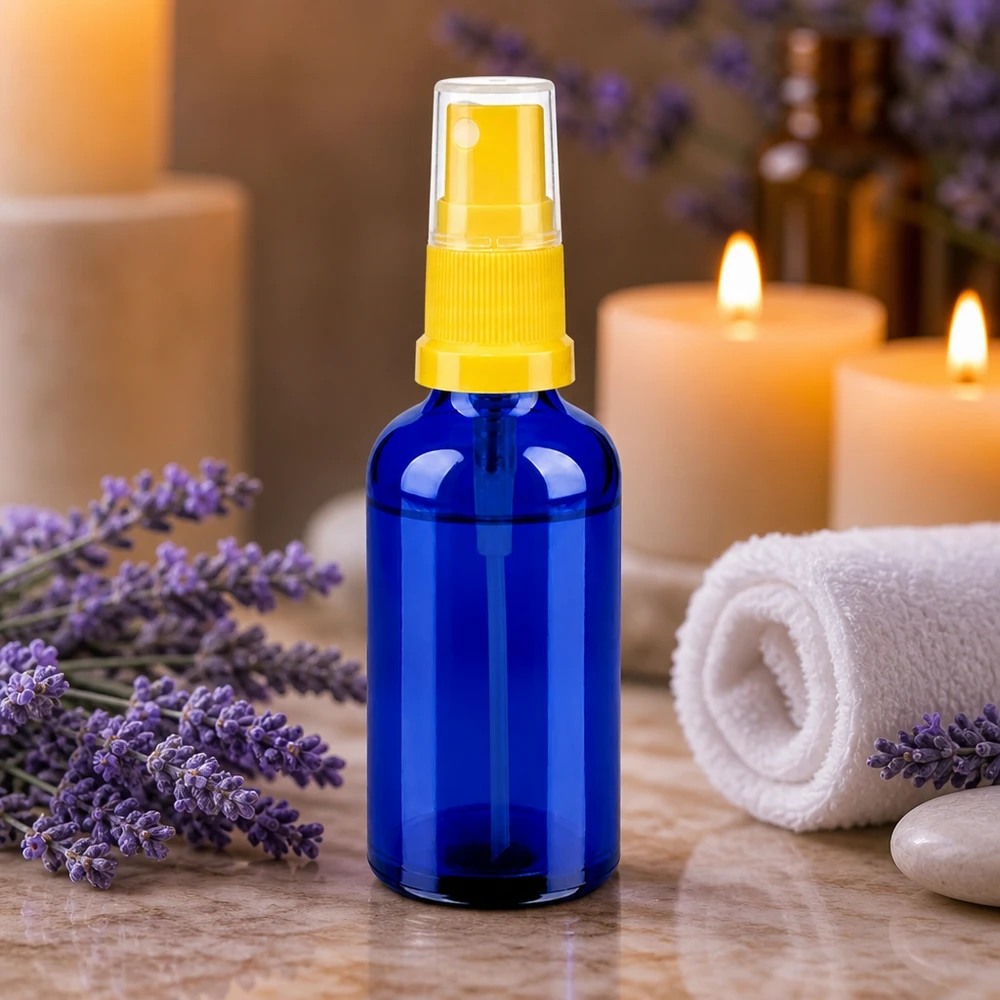 50ml Sprayflasche gelb/transparent Standardverschluss BlueLine UT18/50 Apothekerflasche 50ml mit gelbem Sprühaufsatz - UV-Schutz durch dunkles Glas für lichtempfindliche Inhalte