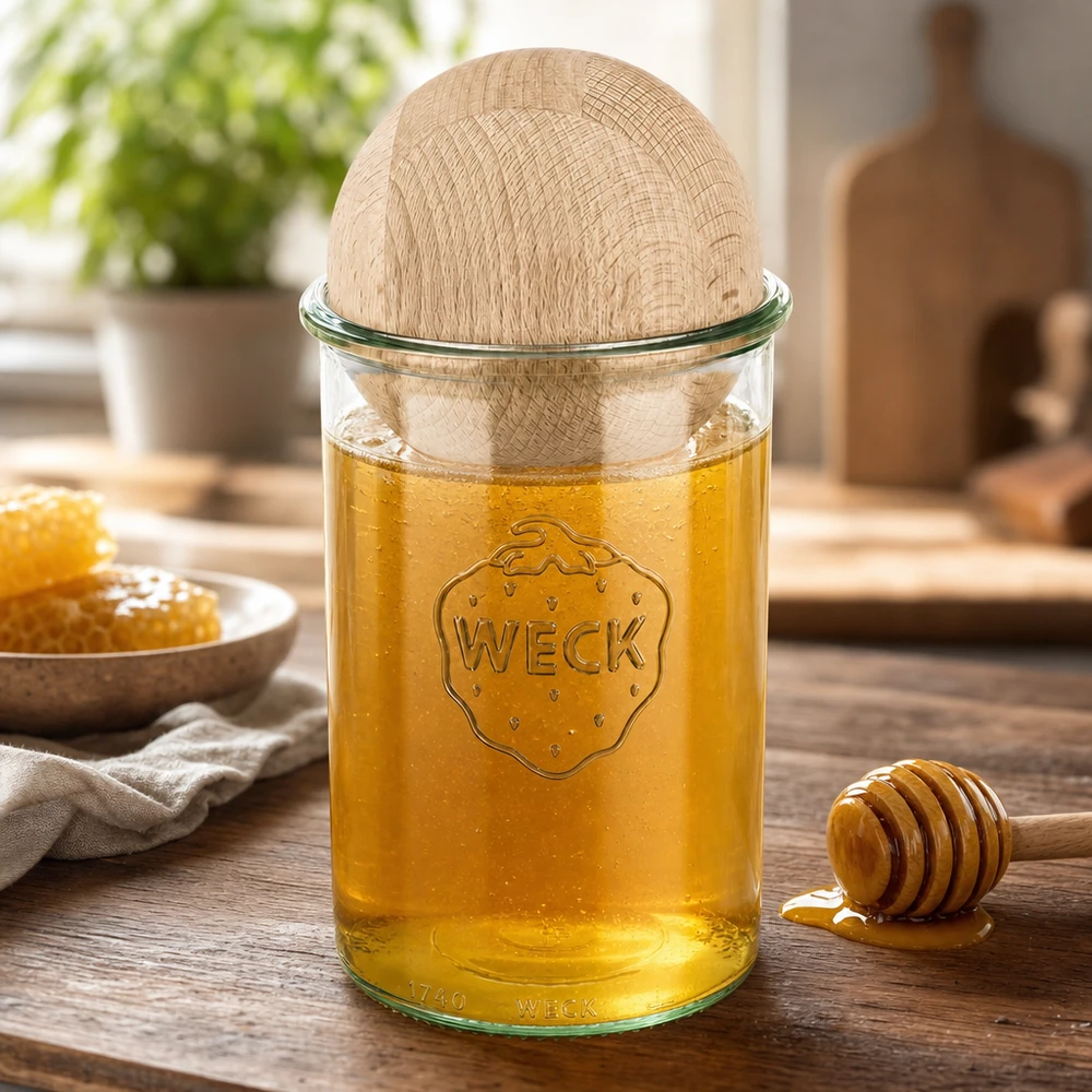 1000ml Sturzglas WECK RR100 mit Holzkugel Buche WECK Sturzglas 1000ml mit Honig befüllt und Buchenkugel-Deckel, Honiglöffel und Waben auf Holztisch in natürlicher Küche