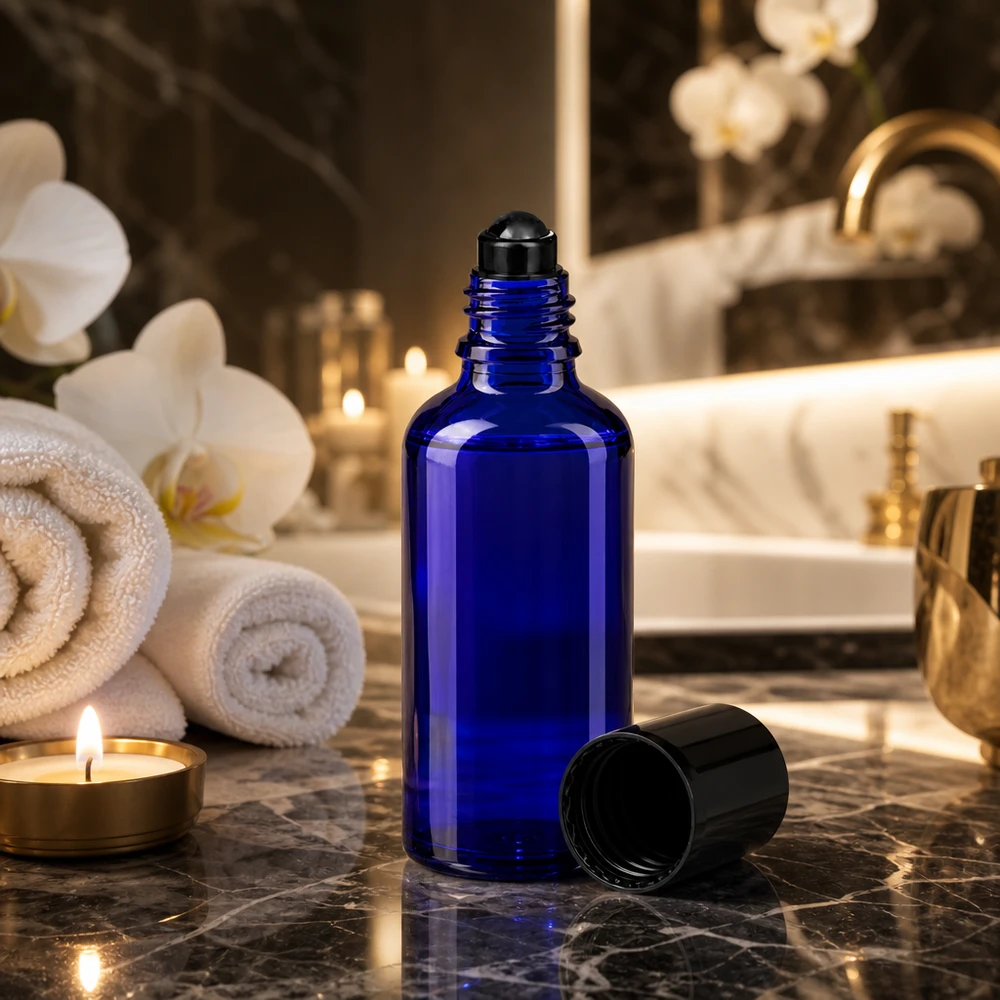 Blaue 50ml Glasflasche mit schwarzem Roll-On Verschluss für Kosmetik und Aromatherapie