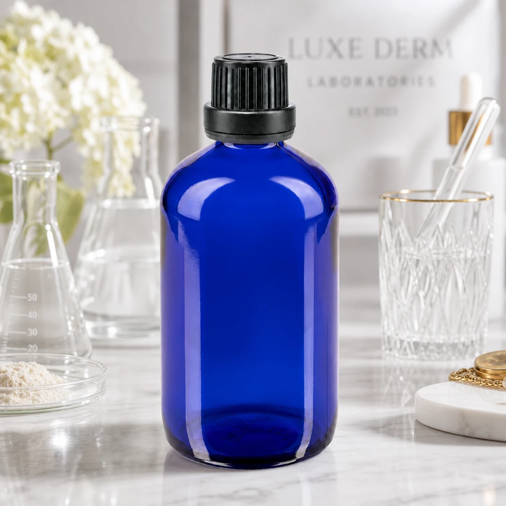Apothekenflasche blau 100ml Schraubverschluss schwarz Dichteinlage Originalitätsverschluss Lichtgeschützte blaue Apothekerflasche 100ml ideal für Kosmetik Seren und ätherische Öle