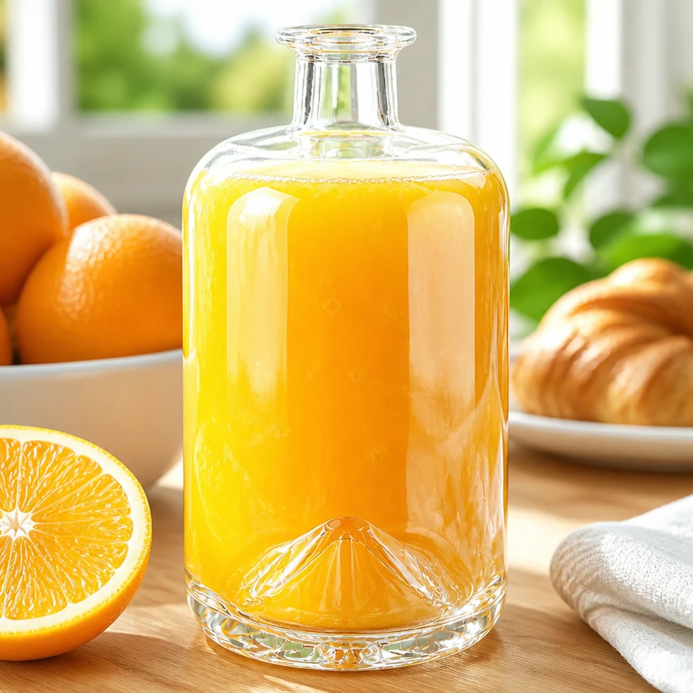 700ml Glasflasche Sofia mit Orangensaft befüllt neben frischen Orangen und Croissants in sonniger Frühstücksszene