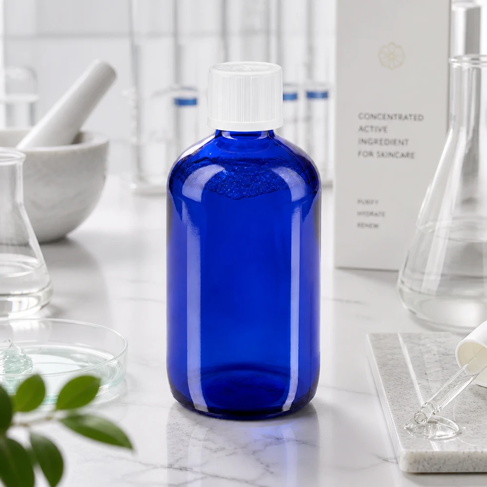 Apothekenflasche blau 100ml Tropfverschluss weiß Kindersicherung Standard Blaues Apothekerglas 100ml mit Präzisionstropfer für Hautpflege Wirkstoffflasche