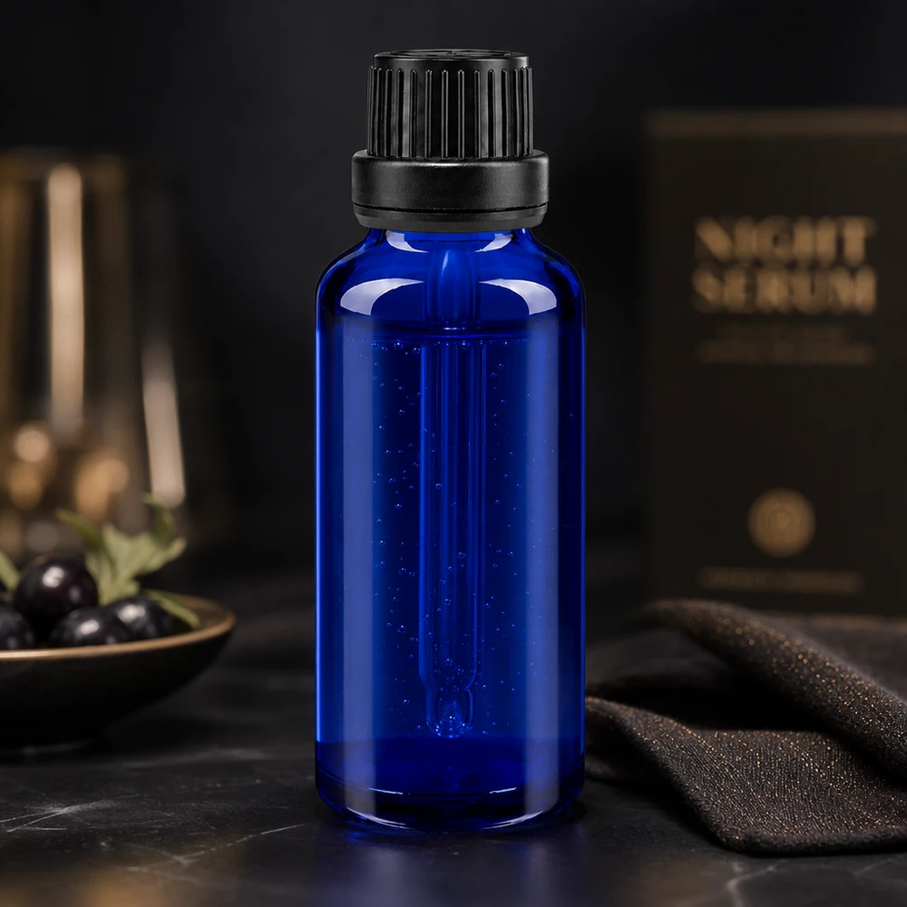30ml blaue Tropfflasche aus UV-Schutzglas mit schwarzem OV neben dunklen Beeren im Goldschälchen