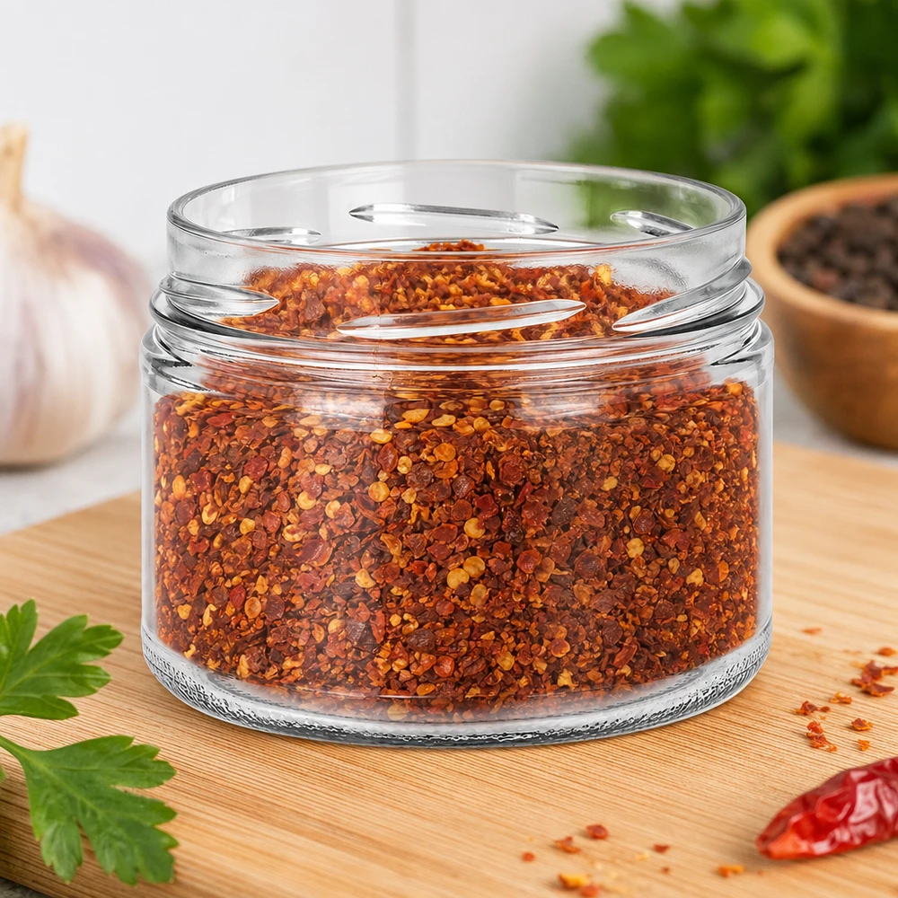 540ml Rundglas ohne Deckel (TO100) UNiTWIST UNiTWIST Runda540 Sturzglas 540ml TO100 gefüllt mit Chili-Gewürzmischung Paprikaflocken Küchenboard Gewürze lagern