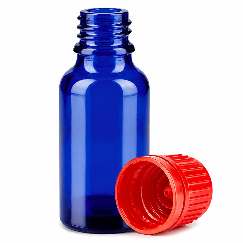 Hochwertige 20ml Glasflasche dunkelblau mit rotem Schraubverschluss für flüssige Präparate