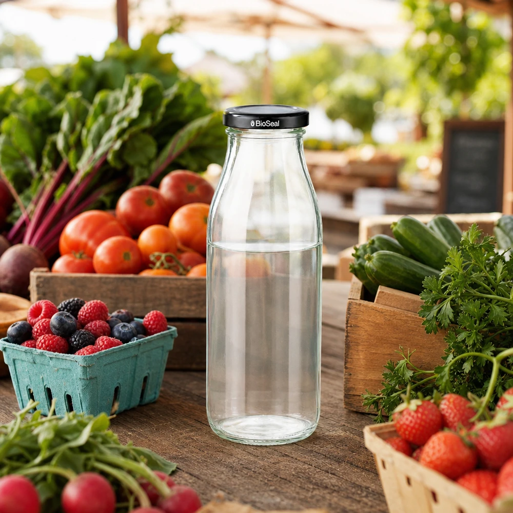 500ml Glasflasche + BioSeal Deckel schwarz UNiTWIST 500ml Glasflasche mit BioSeal Deckel zwischen frischem Marktgemüse Beeren und Kräutern in natürlicher Umgebung