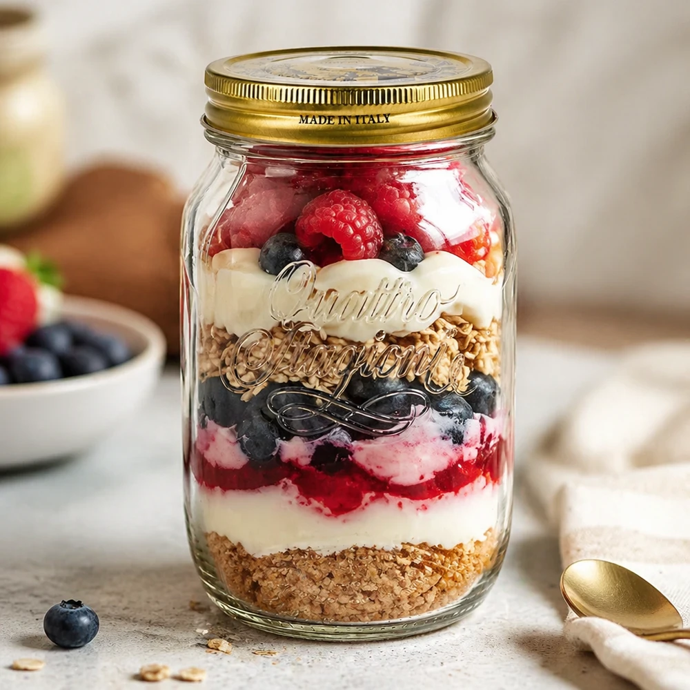 1000ml Rundglas "Quattro Stagioni" mit Deckel Quattro Stagioni 1000ml Glas gefüllt mit Schichtdessert Beeren Joghurt Granola italienisches Einmachglas Anwendung
