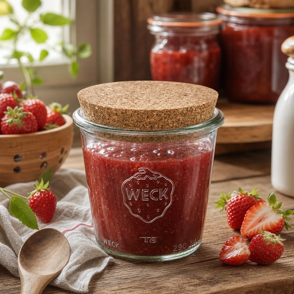 WECK Einmachglas 290ml mit Korkdeckel gefüllt mit Erdbeermarmelade in rustikaler Küche mit frischen Erdbeeren