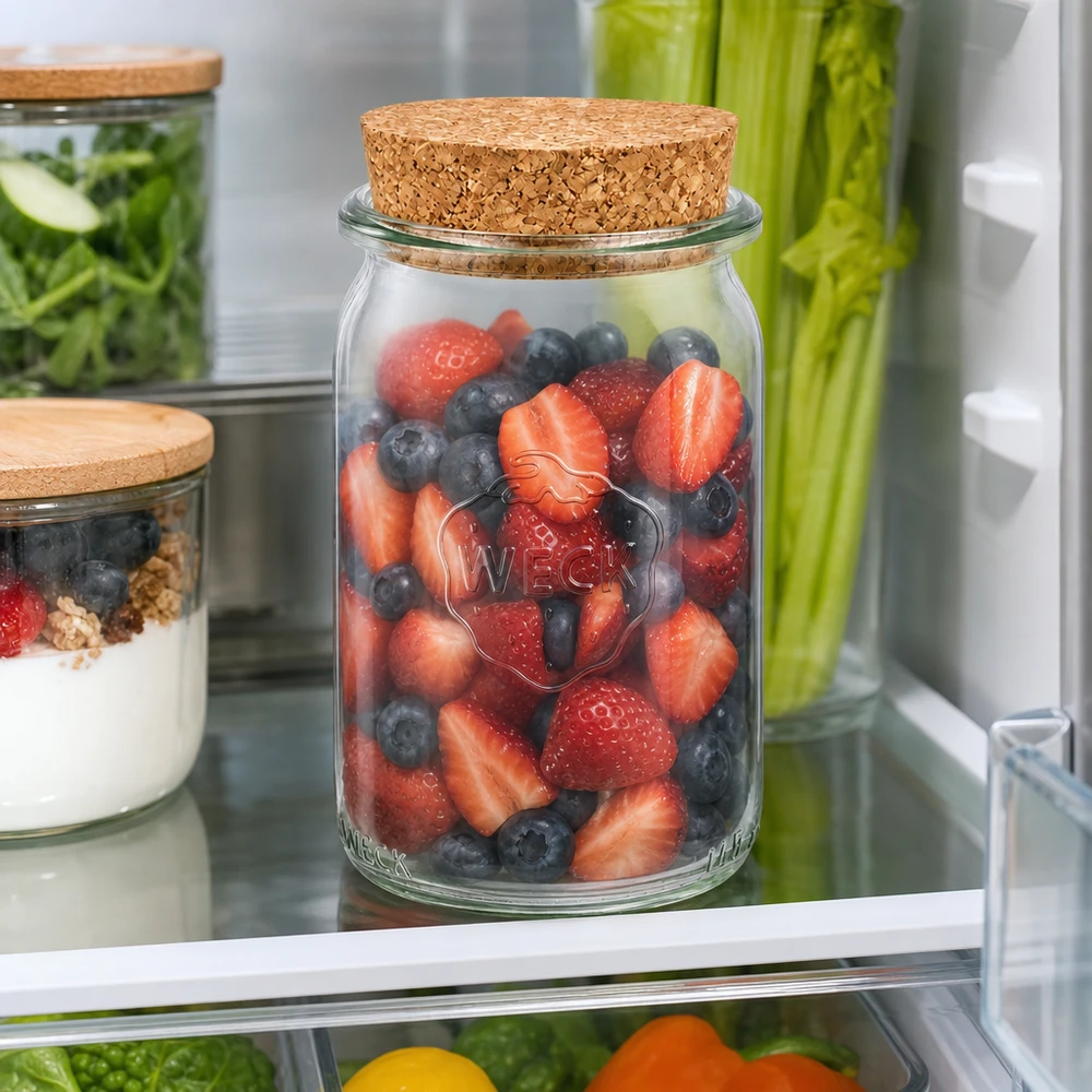 WECK Vorratsglas 145ml RR40 mit Korkdeckel gefüllt mit frischen Beeren im Kühlschrank zur Aufbewahrung von Obst