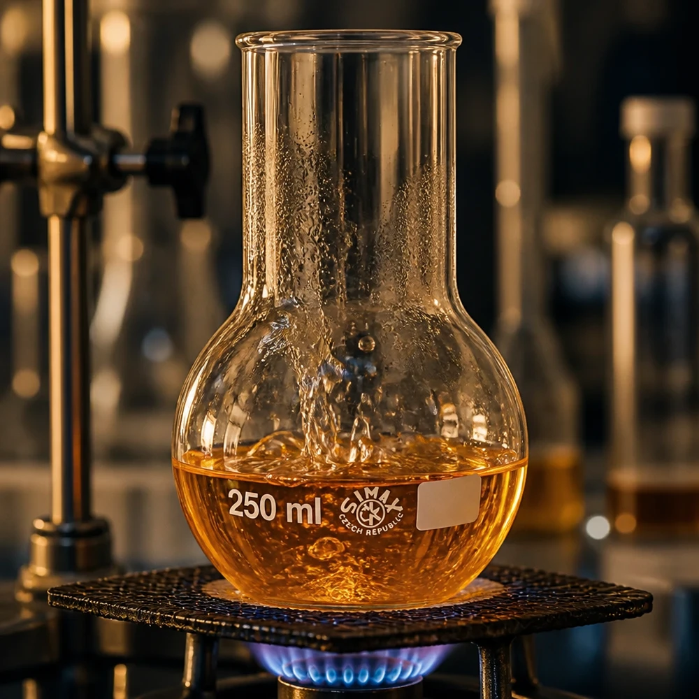 Stehkolben 250ml aus robustem Laborglas mit goldschimmernder Flüssigkeit für Forschungszwecke