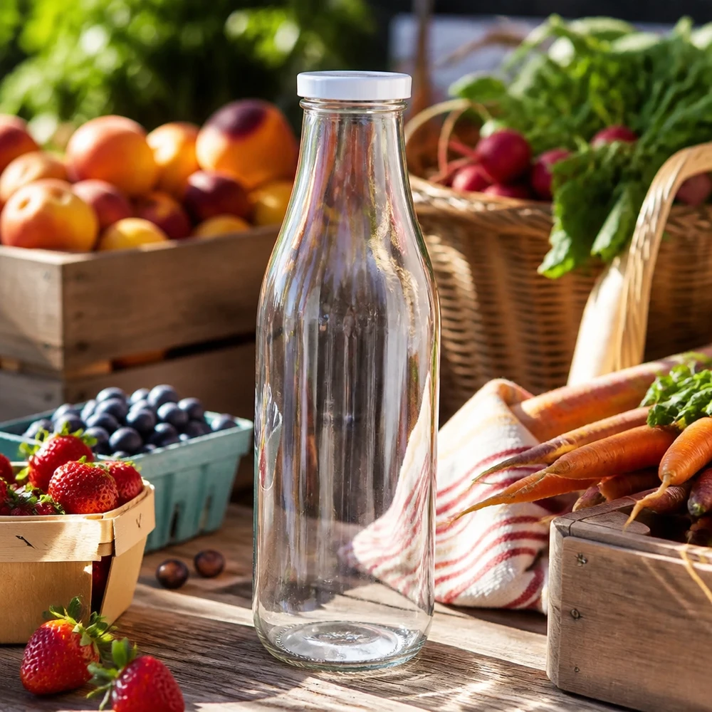 1000ml Glasflasche + BasicSeal Deckel weiß UNiTWIST 1000ml Glasflasche leer BasicSeal Deckel weiß Marktstand frisches Obst Gemüse Beeren Karotten Outdoor Szenerie