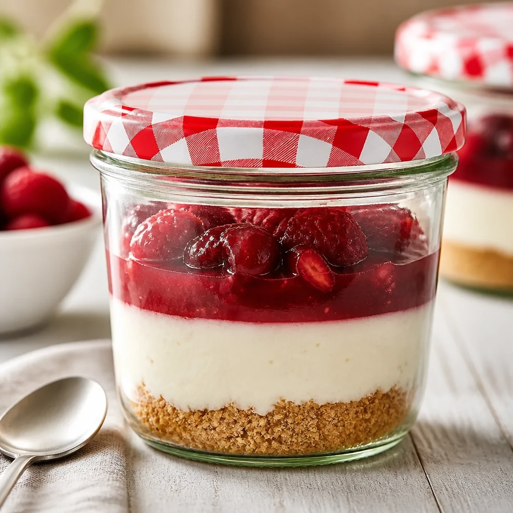 230ml Sturzglas + BasicSeal Deckel rot/weiß UNiTWIST Sturzglas 230ml als Dessertglas mit Schichtdessert und rot-weiß kariertem BasicSeal Verschluss in Küchenszenerie