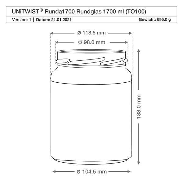 1700ml Rundglas ohne Deckel (TO100) UNiTWIST UNiTWIST Runda1700 Sturzglas 1700ml TO100 technische Zeichnung Maße Abmessungen 118,5mm Durchmesser 188mm Höhe