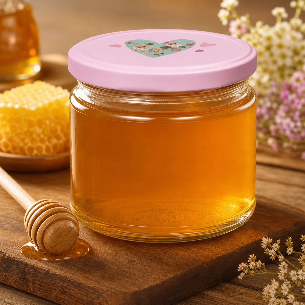 330ml Rundglas + BasicSeal Deckel Herz rosa UNiTWIST 330ml Rundglas mit rosa Herz-Deckel gefüllt mit goldgelbem Honig neben Honiglöffel und Bienenwaben