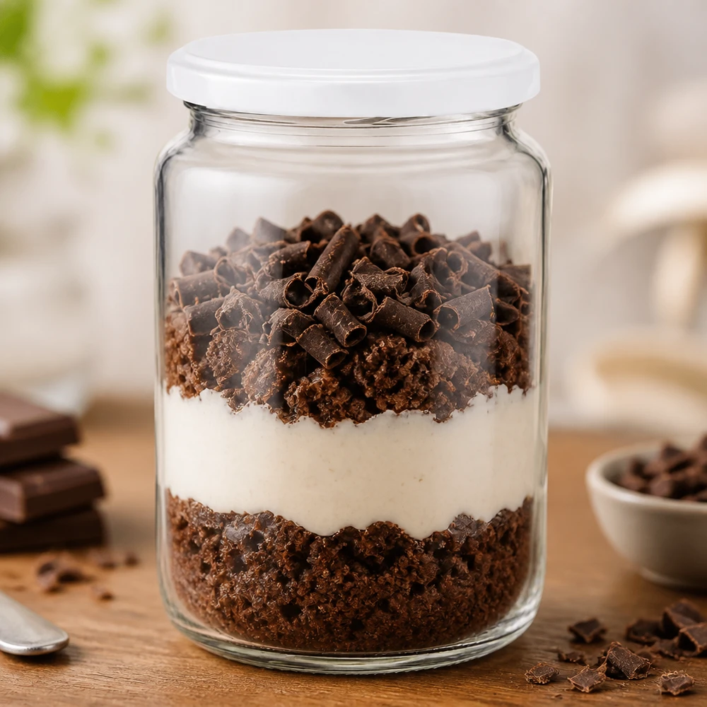 795ml Rundglas mit BasicSeal Deckel weiß UNiTWIST 795ml Rundglas UNiTWIST befüllt mit geschichtetem Schokoladendessert zeigt praktische Verwendung als Dessertglas