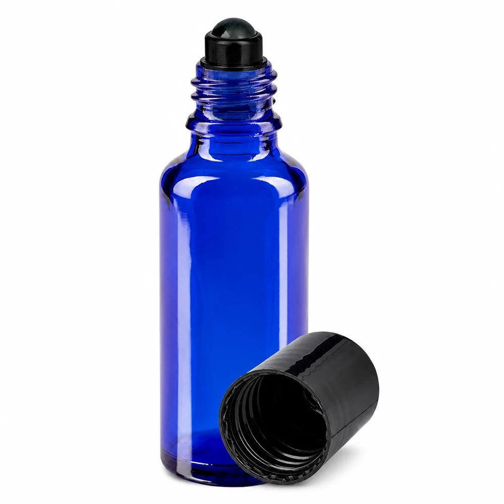 Roll-On Behälter 30ml blaues Apothekerglas UV-Schutz mit schwarzem Rollapplikator