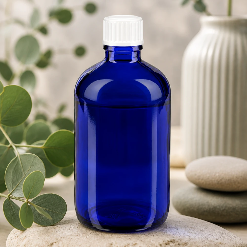 Apothekenflasche blau 100ml Schraubverschluss weiß Globuli Standard Kompakte 100ml Apothekerflasche blau mit manipulationssicherem weißem Deckel
