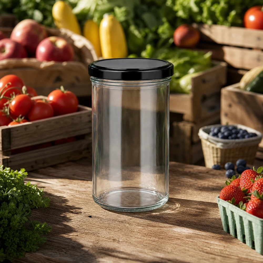 277ml Sturzglas mit schwarzem Deckel auf Holztisch mit Tomaten Erdbeeren Blaubeeren Marmeladenglas Einweckglas